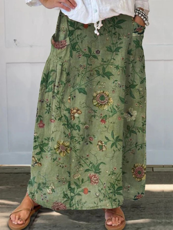 Ladies Retro Art Print Linen Skirt