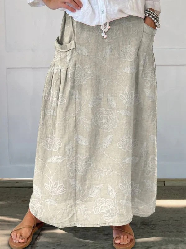 Ladies Vintage Floral Art Linen Elastic Waist Skirt with Pockets