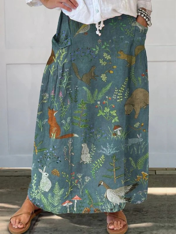 Ladies Retro Floral Animal Art Casual Linen Skirt