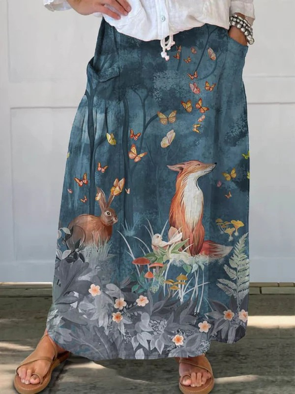 Women’s Vintage Floral Animal Art Print Casual Linen Skirt
