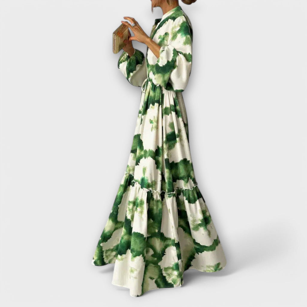Melina | Green Maxi Dress with Long Sleeves and V-Neck