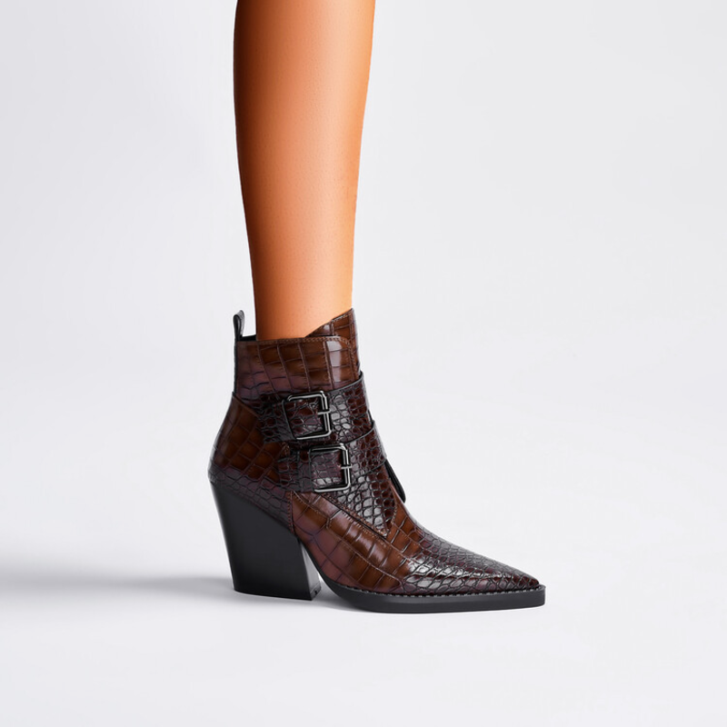 IONA | CROC-EFFECT BUCKLE ANKLE BOOTS