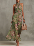 Serena | Green Floral Maxi Dress with Halterneck