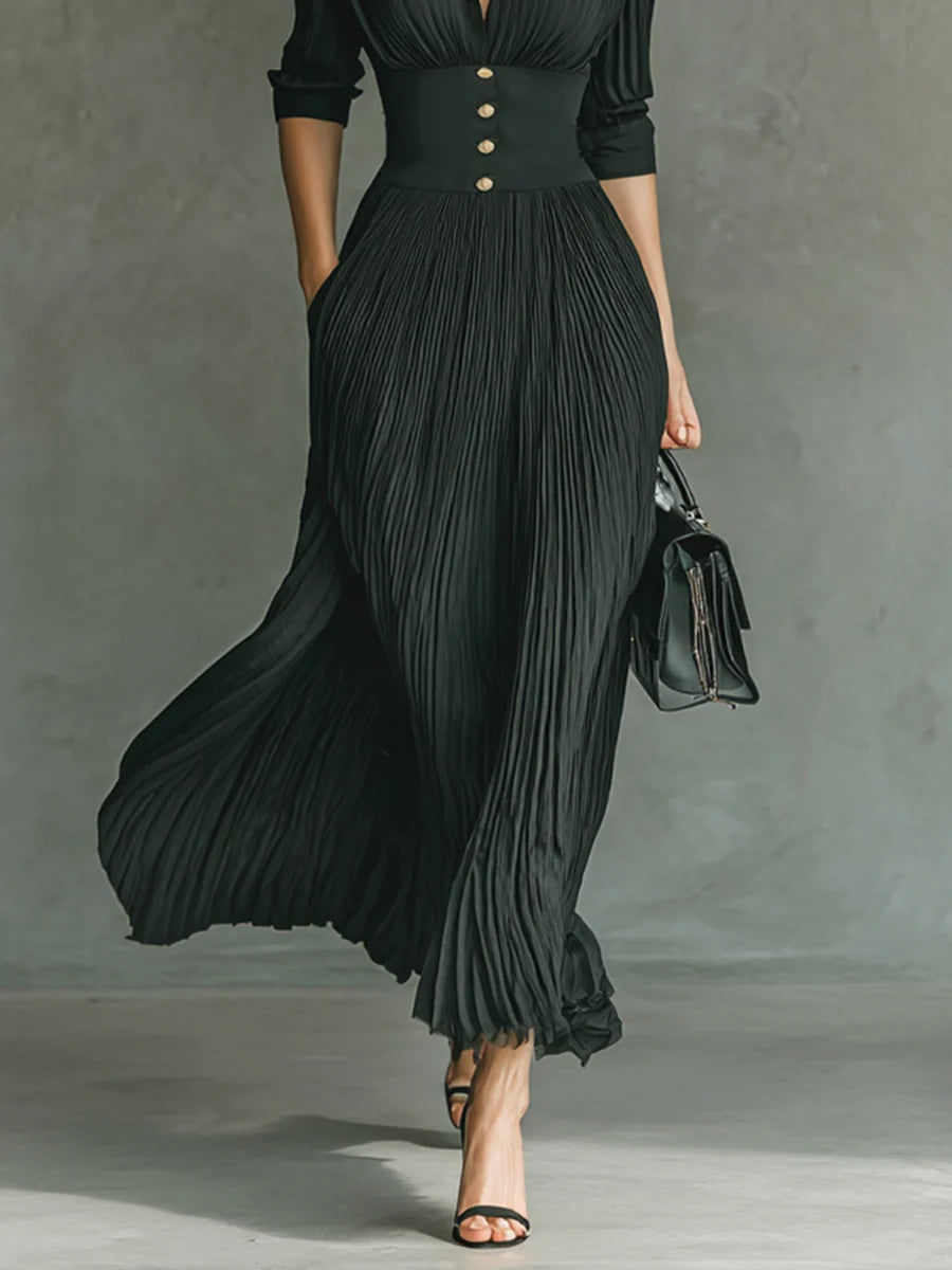 Elvira | Pleated Lapel-Collar Maxi Dress
