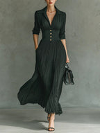Elvira | Pleated Lapel-Collar Maxi Dress