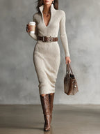 Clara | Belted Funnel-Neck Knitted Dress