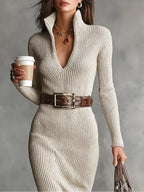 Clara | Belted Funnel-Neck Knitted Dress