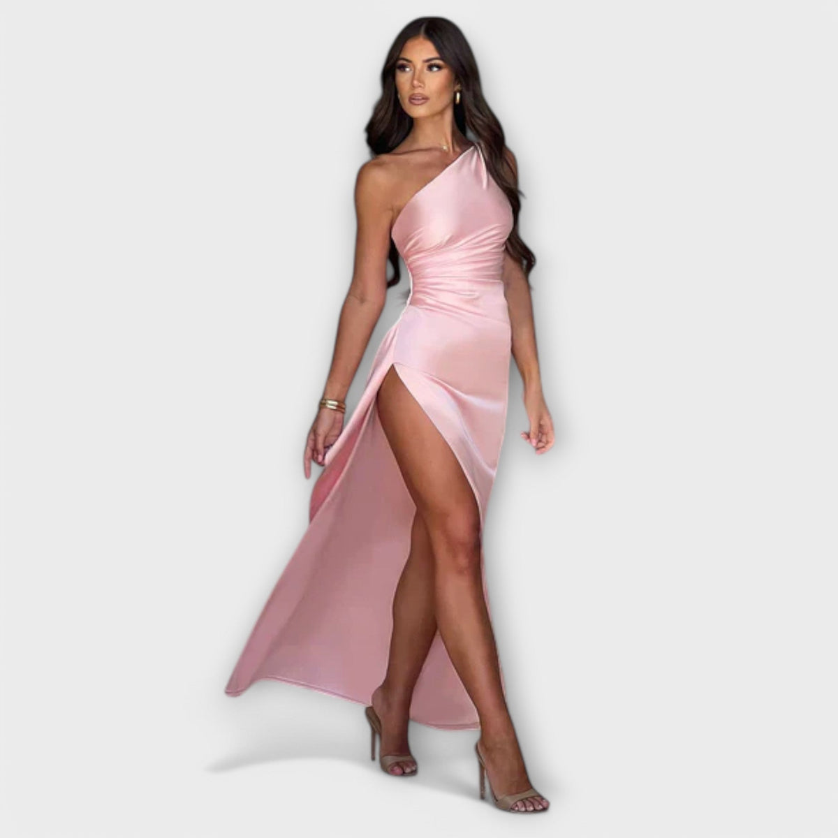 Asymmetrical Maxi Dress with Draping on One Arm