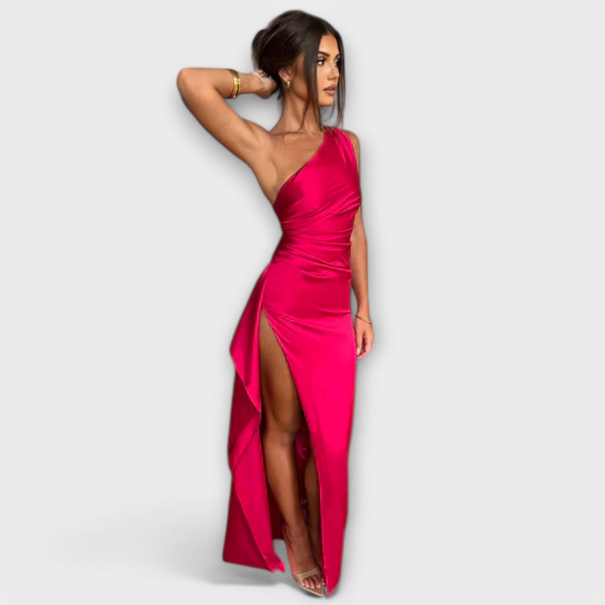 Asymmetrical Maxi Dress with Draping on One Arm