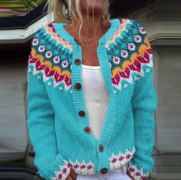 Olivia | Turquoise Fair Isle Knitted Cardigan