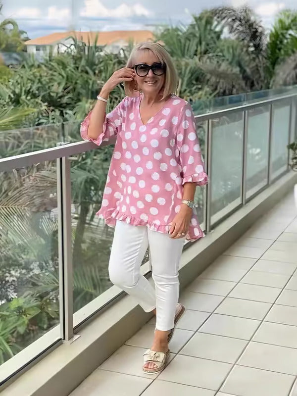 Denise | Relaxed V-Neck Polka Dot Blouse