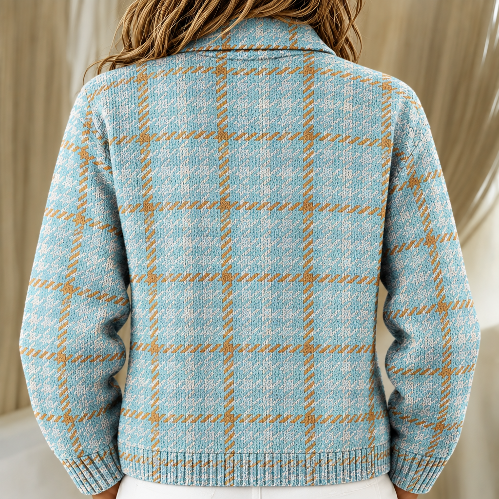 Clara | Sky Blue Checked knitted jacket with Buttons