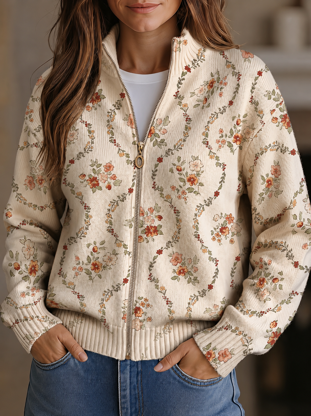 Danielle | Trailing Floral Zip-Up Cardigan - Cream