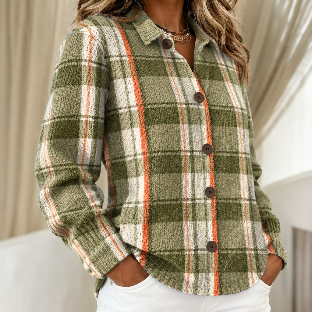 Hazel | Olive Green Checked knitted jacket with Buttons