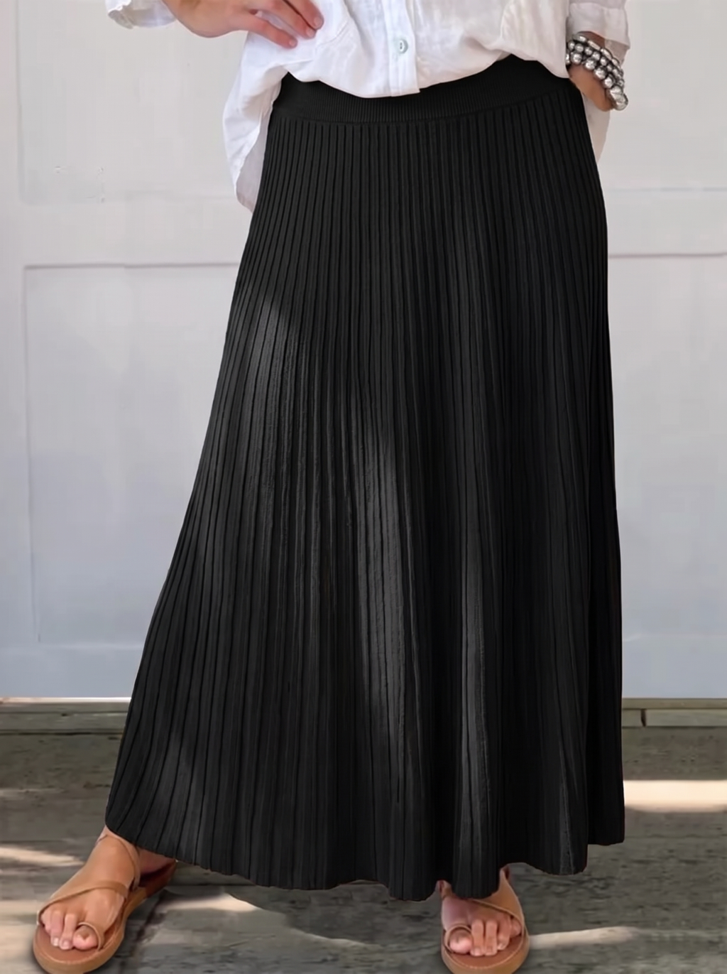 Elegant High Waist Pleated Midi Skirt with Elasticated Waistband
