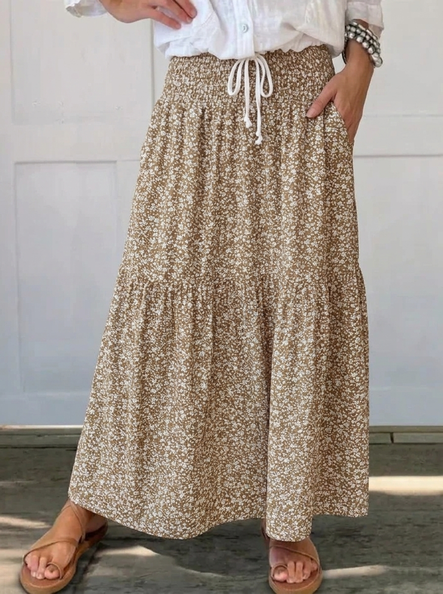 Flowy Ditsy Floral Maxi Skirt with Elasticated High Waist