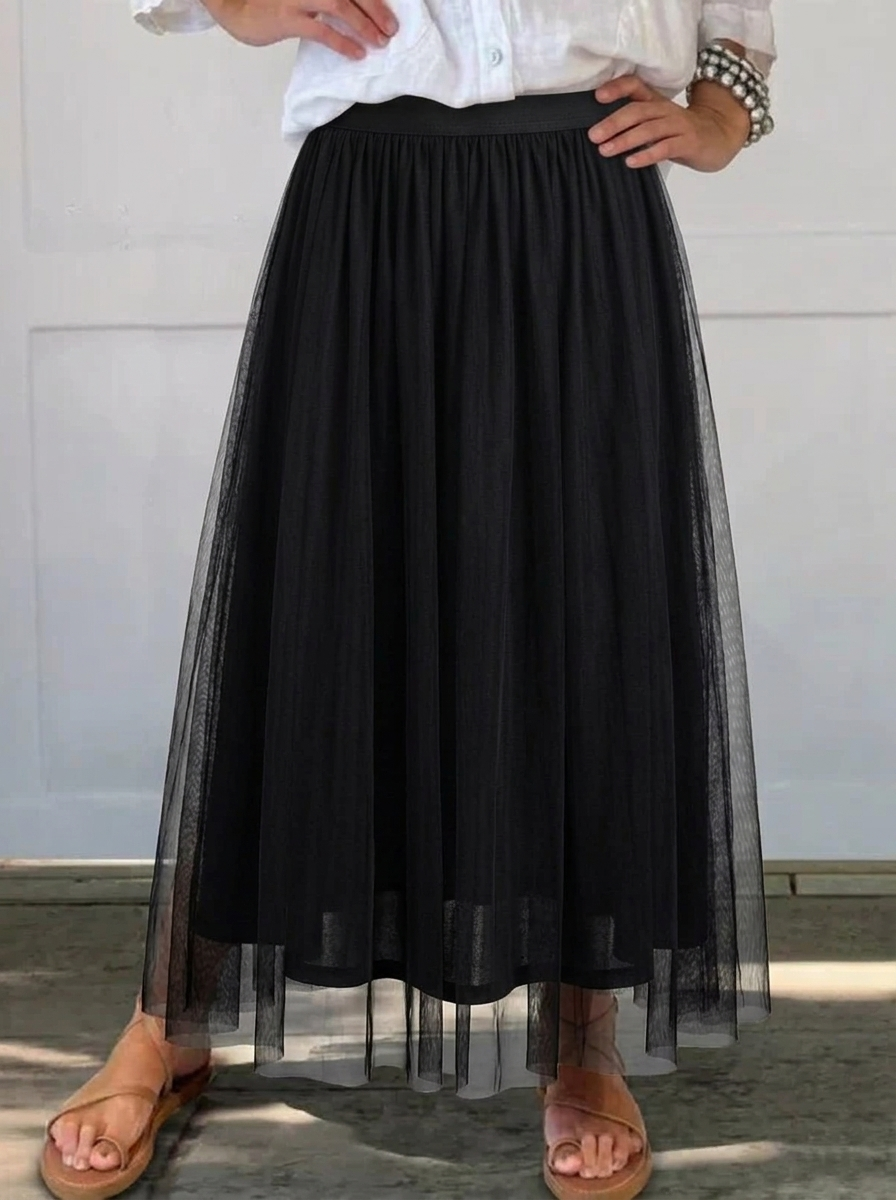Tulle Midi Skirt with Full Layered A-Line Silhouette and Elasticated Waist