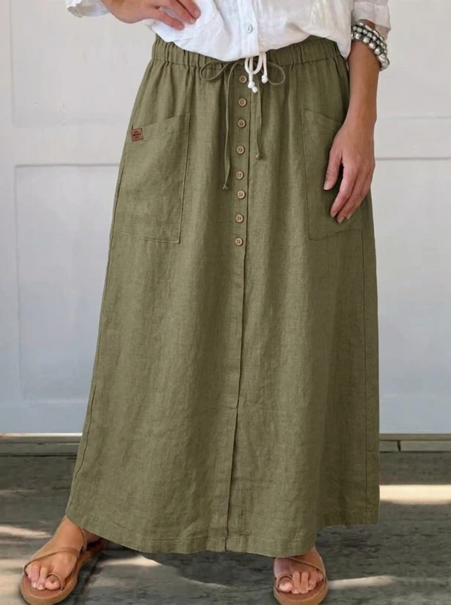 Casual Linen Midi Skirt with Elasticated Waist and Button Front