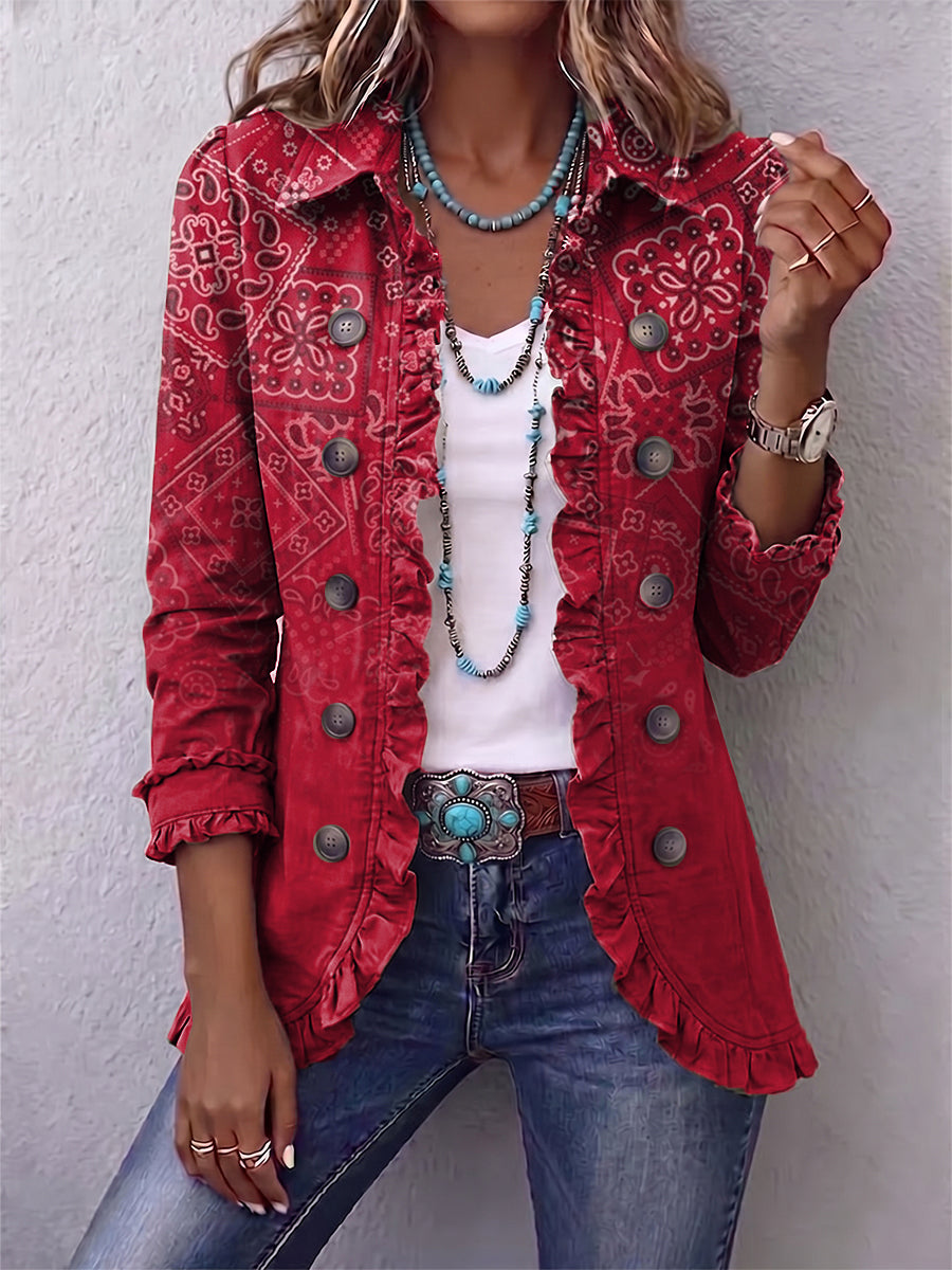 Riley | Red Paisley Ombré Ruffle Jacket