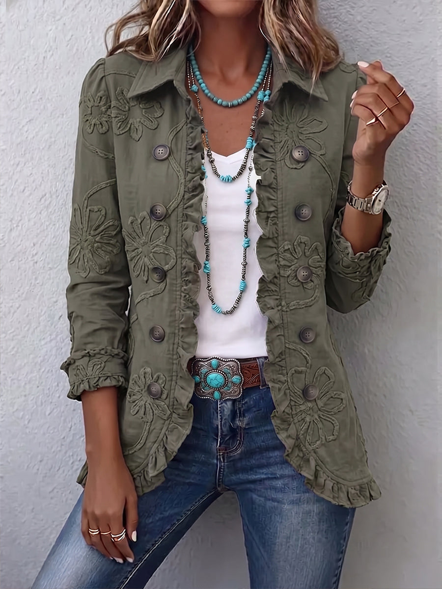 Olivia | Khaki Embroidered Ruffle Jacket