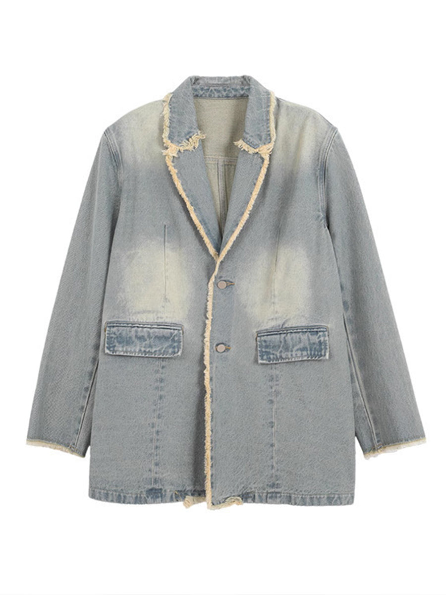 Hannah | Washed Denim Frayed-Edge Blazer