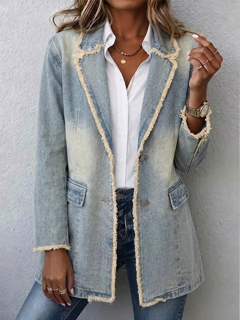Hannah | Washed Denim Frayed-Edge Blazer