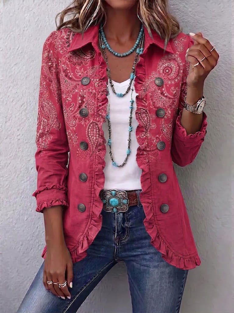 Camila | Raspberry Paisley Ruffle Jacket