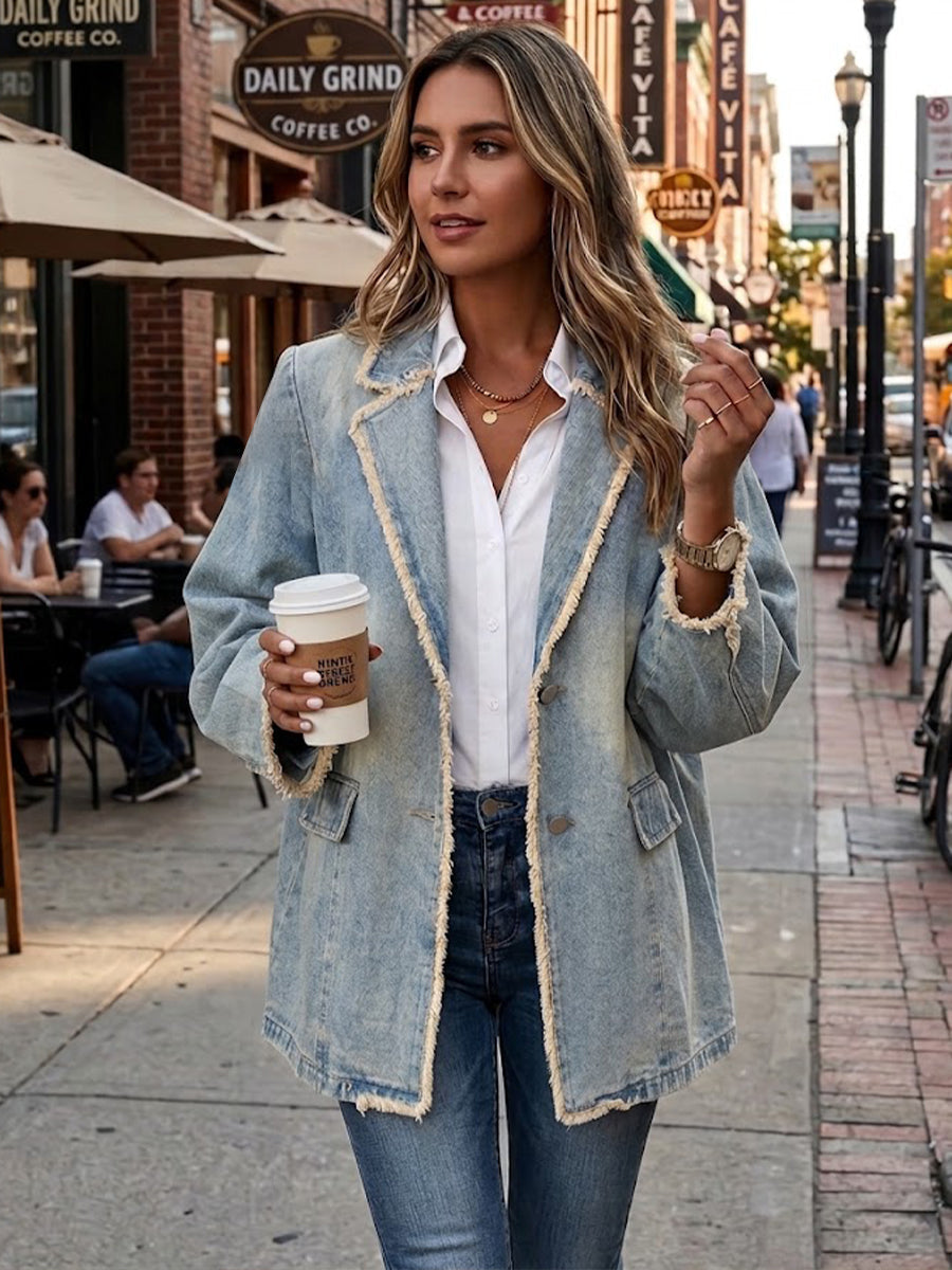 Hannah | Washed Denim Frayed-Edge Blazer