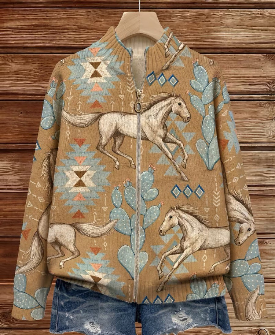 Kathryn | Horse & Cactus Print Zip-Up Cardigan
