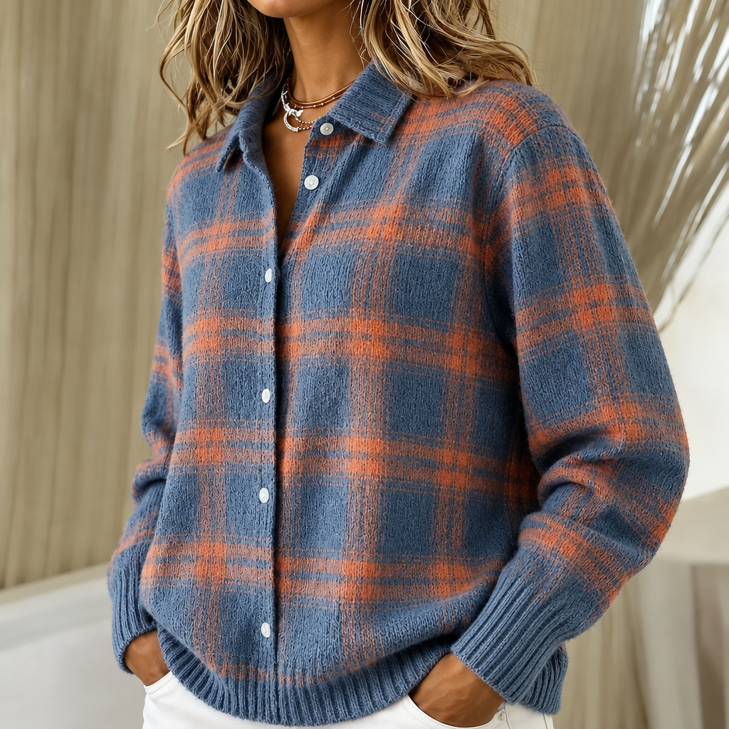 Zoe | Warm Blue Checked knitted jacket